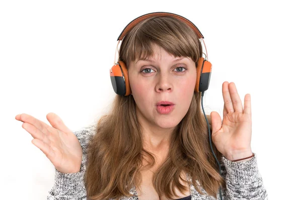 Pretty Woman Headphones Listening Rock Music — Stock Photo, Image