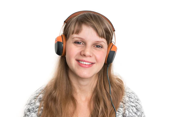 Pretty Woman Sluchátka Poslouchá Rockovou Hudbu — Stock fotografie