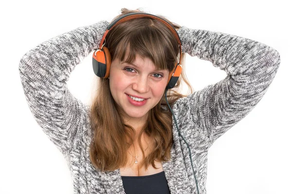 Mulher Bonita Com Fones Ouvido Está Ouvindo Música Rock — Fotografia de Stock