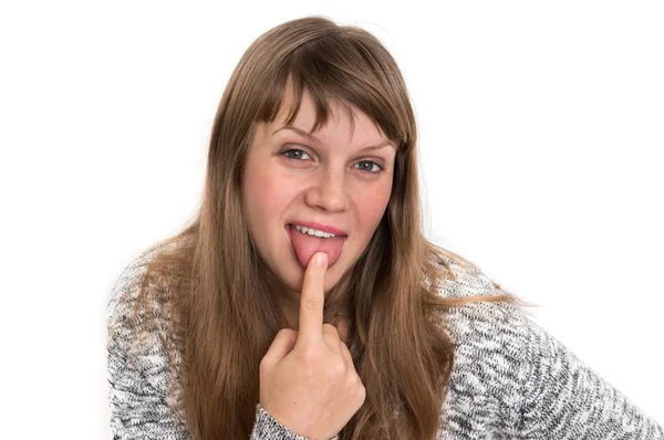 Mujer Atractiva Mostrando Lengua Está Tocando Con Dedo — Foto de Stock