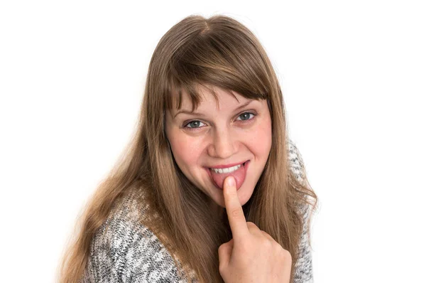 Attraktive Frau Zeigt Zunge Und Berührt Sie Mit Einem Finger — Stockfoto