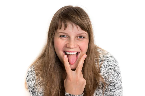 Mujer Atractiva Mostrando Lengua Está Tocando Con Dos Dedos — Foto de Stock