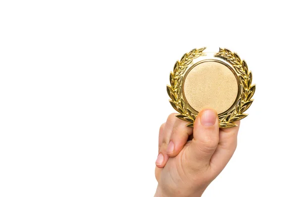 Winner Holding Trophy Hand Isolated White Background — Stock Photo, Image