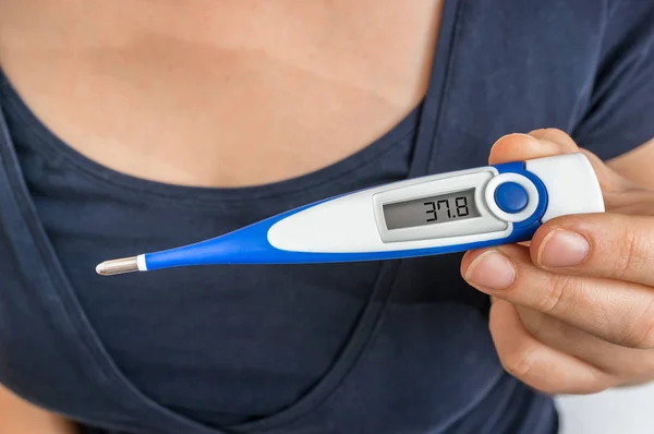 Woman Fever Holding Digital Thermometer Cold Flu Concept — Stock Photo, Image