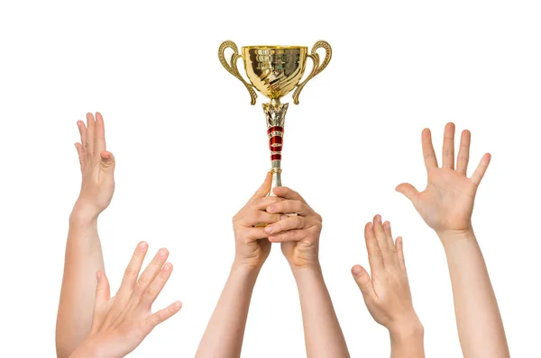 Winner Holding Trophy Hands Many Hands Raised Isolated White Background — Stock Photo, Image