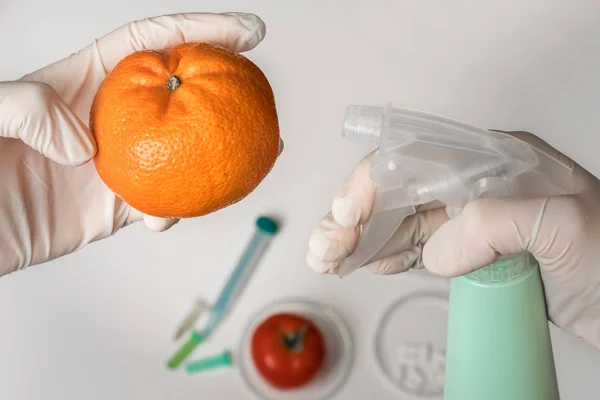 Científico transgénico está rociando líquido sobre mandarina —  Fotos de Stock