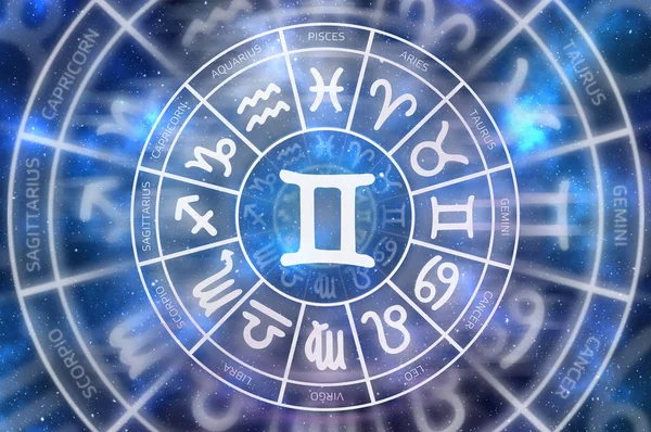 Zodiac Gemini symbol inne i horoskop cirkel — Stockfoto