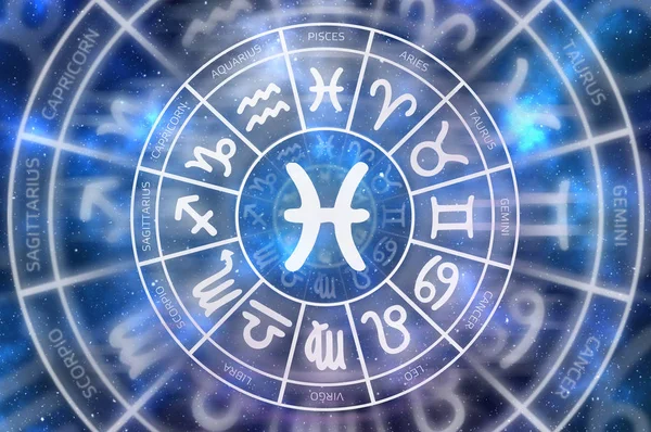 Zodiac fiskarna symbol inne i horoskop cirkel — Stockfoto