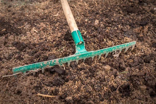 Travailleur avec râteau préparation du sol pour la plantation - concept de jardinage — Photo