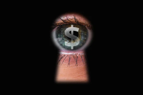 Olho com símbolo de dólar no buraco da fechadura — Fotografia de Stock