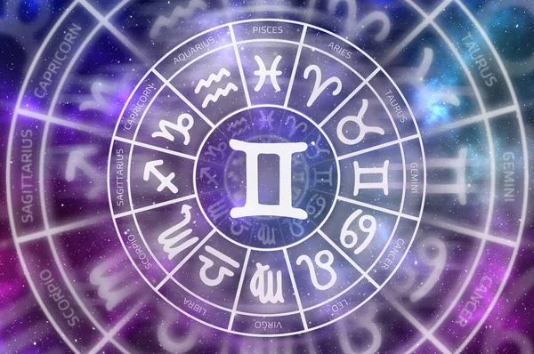Gemini symbol uvnitř kruhu horoskop zvěrokruhu — Stock fotografie
