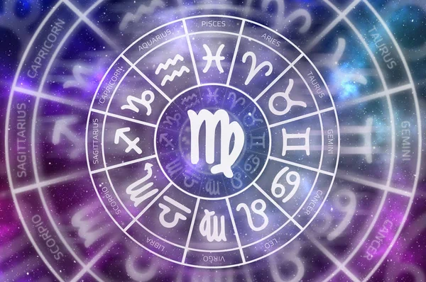 Stjärntecken Jungfrun symbol inne i horoskop cirkel — Stockfoto