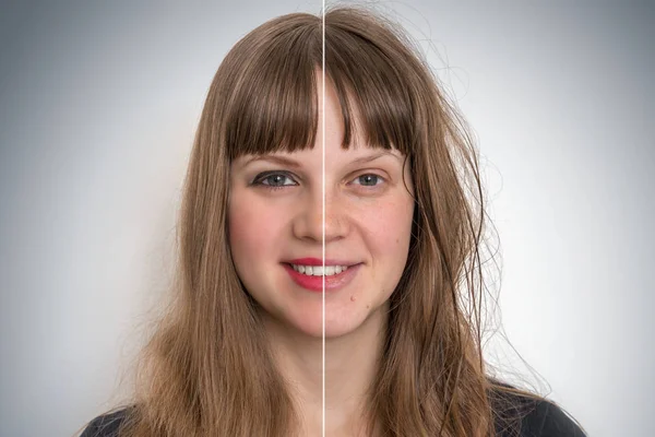 Γυναίκα πρόσωπο πριν και μετά καλλυντικό μακιγιάζ — Φωτογραφία Αρχείου