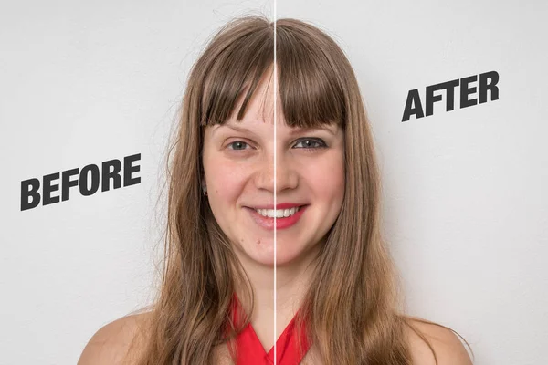 化粧前と後の女の顔 — ストック写真