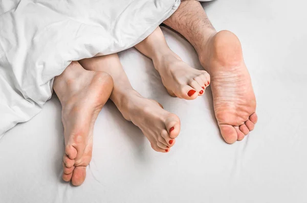 Pés de um casal na cama debaixo do cobertor — Fotografia de Stock