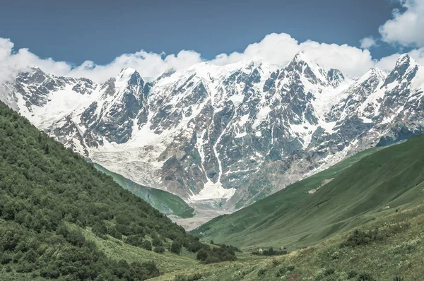 Mooie met gras begroeide vallei en met sneeuw bedekte bergen in Georgië — Stockfoto