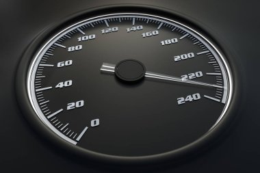 Kontrol panelinde arabada beyaz hız göstergesi. 3D render illüstrasyon.