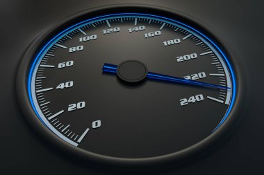 Kontrol panelinde arabada mavi hız göstergesi. 3D render illüstrasyon.