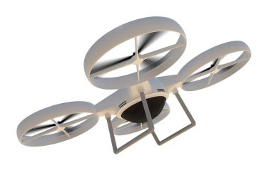 Uçan dörtlü helikopter (İHA) beyaz arkaplanda izole edildi