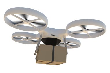 Dörtlü helikopter karton kutu paketi teslim ediyor.