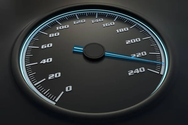 Compteur de vitesse bleu dans la voiture sur le tableau de bord. Illustration 3D . — Photo