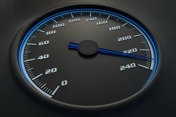 Velocímetro azul en el coche en el salpicadero. Ilustración 3D renderizada . — Foto de Stock