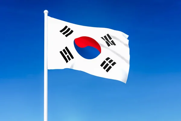 Розмахуючи прапором Південної Кореї на фоні синього неба — стокове фото