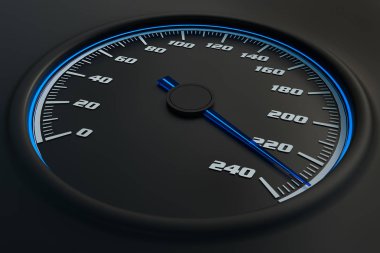 Kontrol panelinde arabada mavi hız göstergesi. 3D render illüstrasyon.