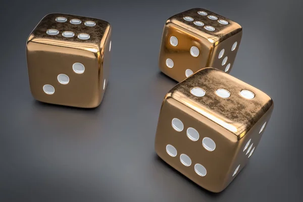 Set of golden dice with white dots isolated on black background