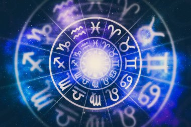 Astrolojik zodyak işaretleri evrenin arka planı - astroloji ve yıldız falı kavramı - retro tarzı