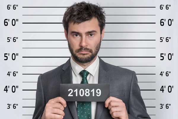 Mugshot Van Een Man Pak Het Politiebureau Gevangene Identificatie Concept — Stockfoto