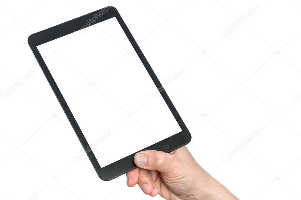 Tablet with blank white touch screen in hand of woman isolated on white background
