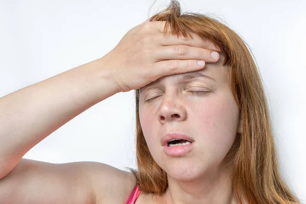 Woman Headache Migraine Holding Her Aching Forehead Body Pain Concept — Stock Photo, Image