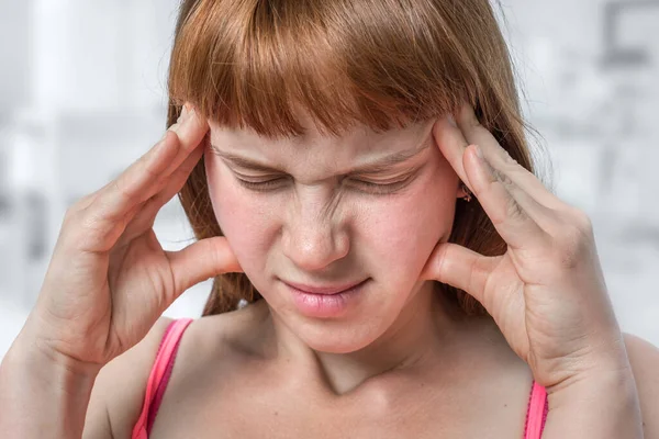 Woman Headache Migraine Holding Her Aching Forehead Body Pain Concept — Stock Photo, Image