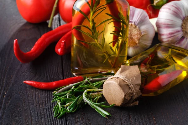 Spices and herbs ingredients in decorative glass bottles,kitchen decoration