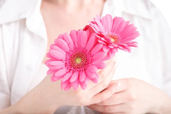 Kvinna Hygien Befruktningen Rosa Blomma Gerbera Kvinnliga Händer — Stockfoto