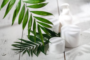 Kozmetik şişe kapları ile yeşil bitki yaprakları, marka mock-up, doğal organik güzellik ürün kavramı için boş etiket paketi