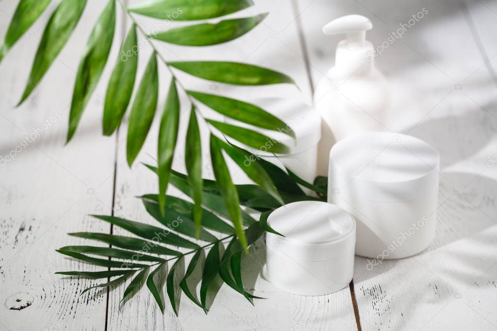 Natural cosmetics and leaves on table