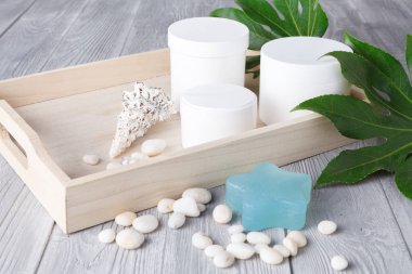 Çeşitli spa gri arka plan, üstten görünüm nesneleri ilgili. Vücut ve Cilt Bakımı