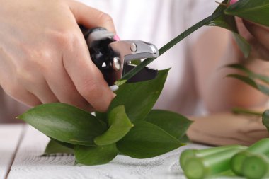 Kadın çiçekçi yapmak buket tablo çalışma süreci