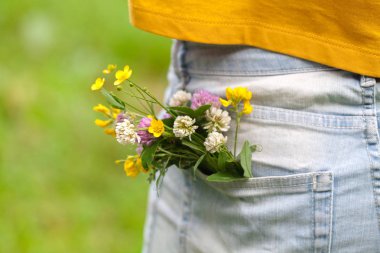 kır çiçekleri mavi kot pantolon cebinde