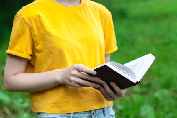 Jovem Livro Leitura Feminina Parque Verão — Fotografia de Stock