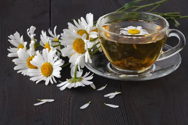 Xícara Chá Camomila Ervas Com Flores Frescas Margarida Fundo Madeira — Fotografia de Stock