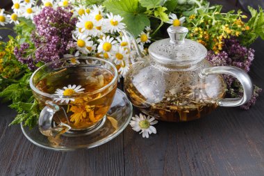 Cam Çaydanlık ve bardak yeşil çay taze otlar ile eski ahşap tablo