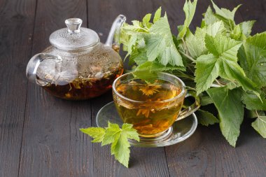 Bir fincan bitkisel çay. Sıcak bir içecek ile ev sahne. Detoks ya da temizlik gıda kavramı