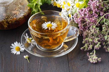 Bir fincan bitkisel çay. Sıcak bir içecek ile ev sahne. Detoks ya da temizlik gıda kavramı