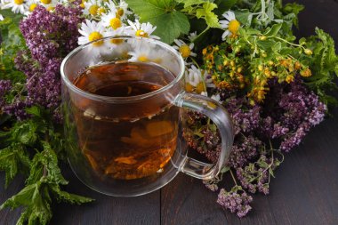 Bir fincan bitkisel çay. Sıcak bir içecek ile ev sahne. Detoks ya da temizlik gıda kavramı