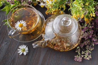 Bir fincan bitkisel çay. Sıcak bir içecek ile ev sahne. Detoks ya da temizlik gıda kavramı