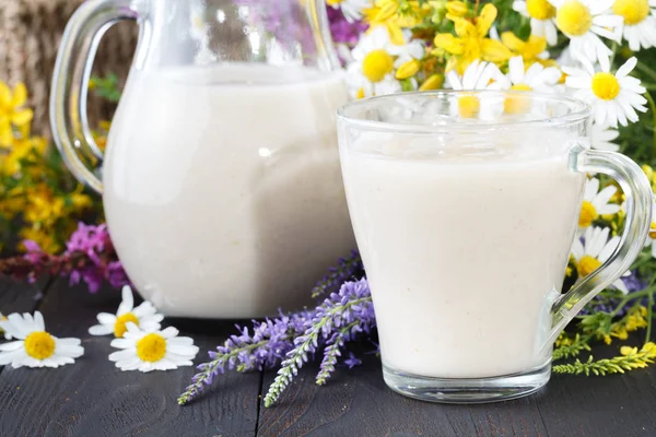 Closeup of oat milk, the concept of a vegetarian diet, Healthy Oat Smoothies