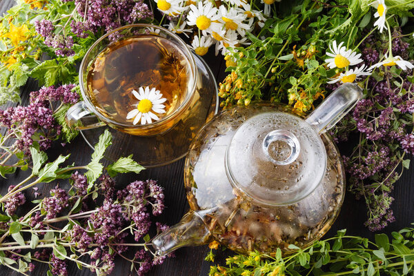 cup of tea with oregano herb on wooden table